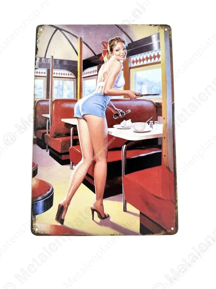 Vrouw in Cafe - Coca Cola - Metalen Wandbord Metaalbord